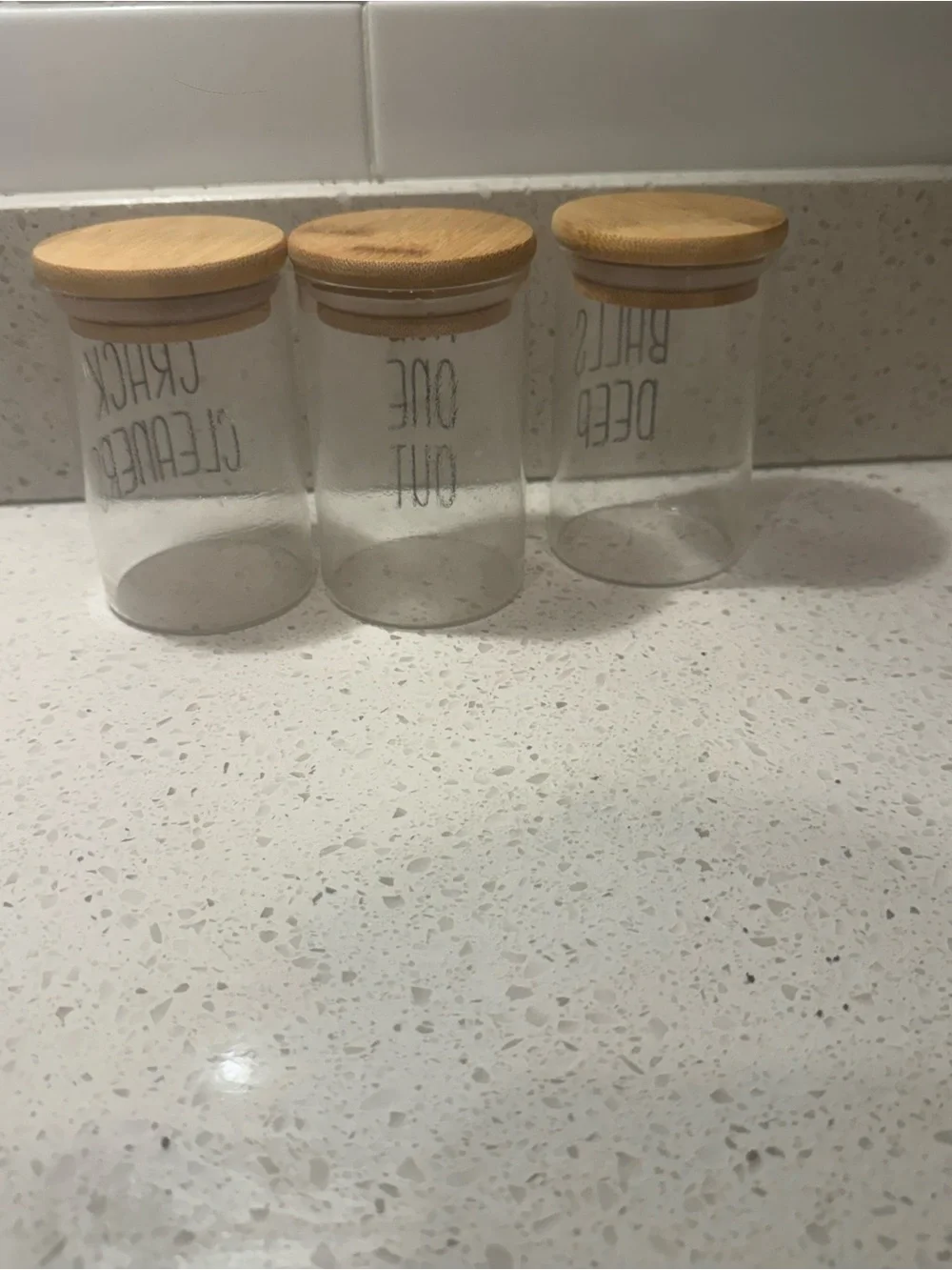 Bathroom Vanity Glass Storage Containers Funny Titles with Bamboo Lids for Cotto